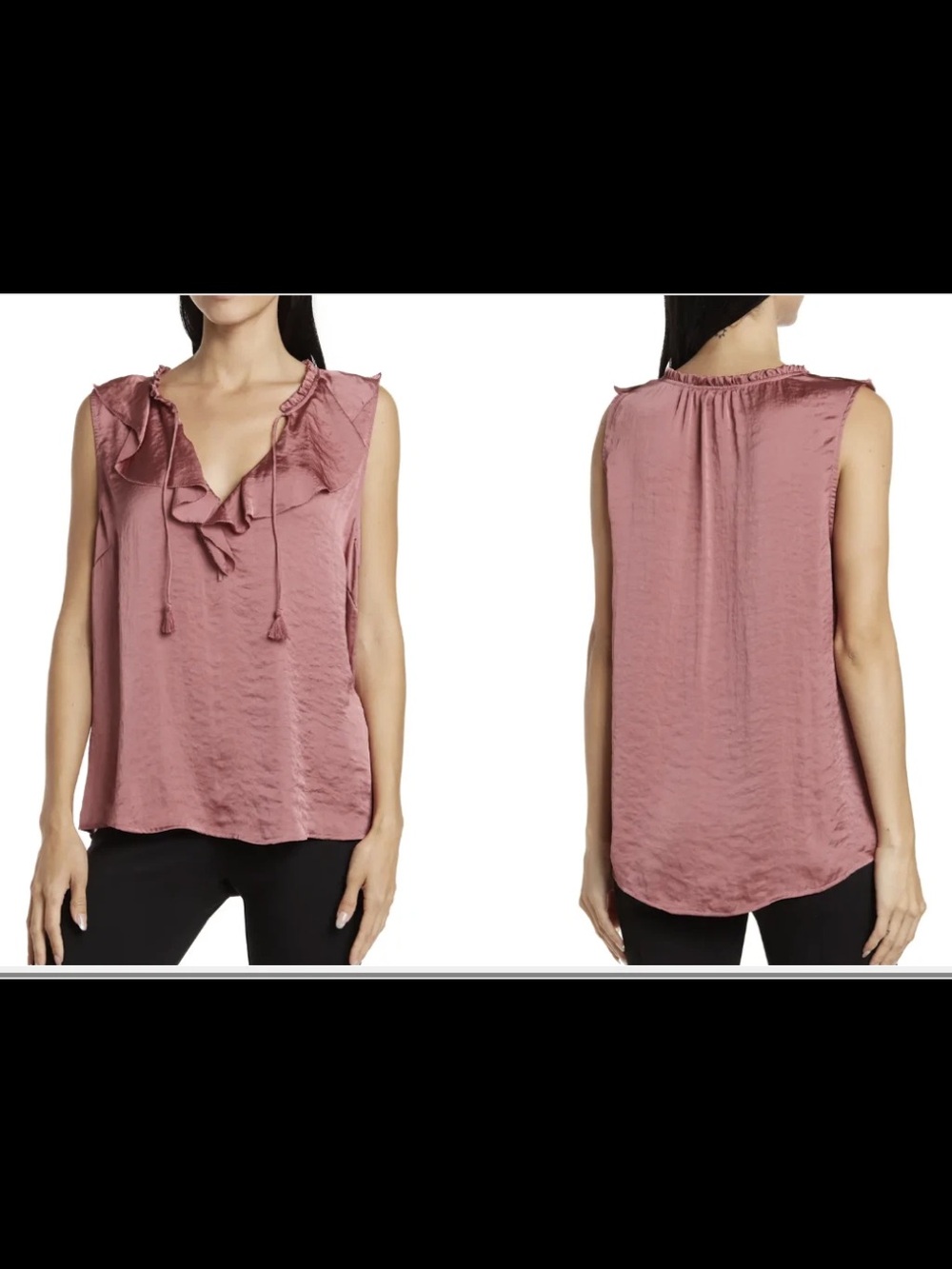 Paige Alma Deco Rose Ruffle Tassle Tie Split Neck Sleeveless Blouse Satin Medium